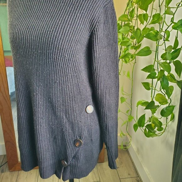 ZARA | Long Sleeve Turtleneck Buttoned Ribbed Black Sweater Dress (Size S) - Picture 6 of 11